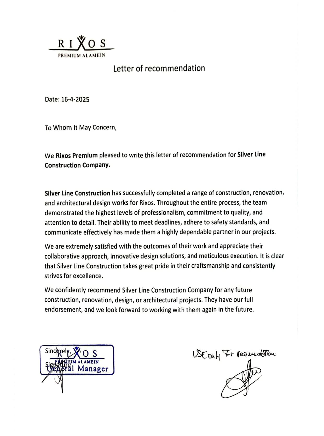 Testimonial certificate from Rixos Hotels & Resorts